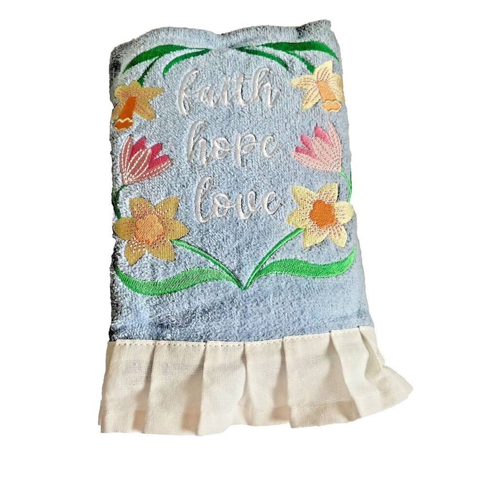 Spring Flowers Embroidered Hand Towels Set of 2 Blue Ruffle Edge Faith Hope Love